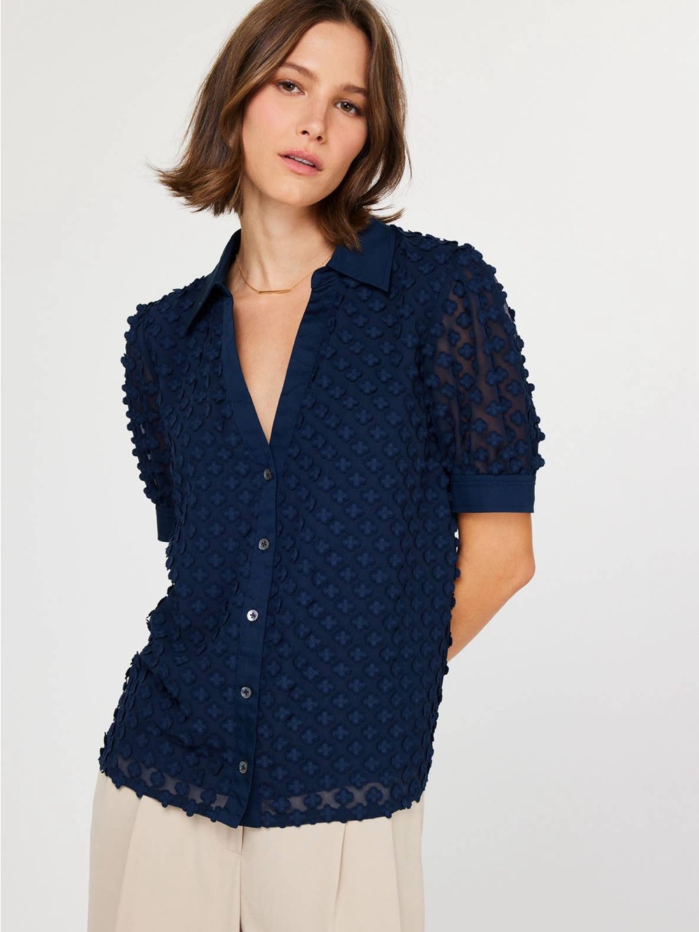 P-018 CURRENT AIR 3D Floral Appliqué Split Neck Short Sleeve Button-Down Blouse